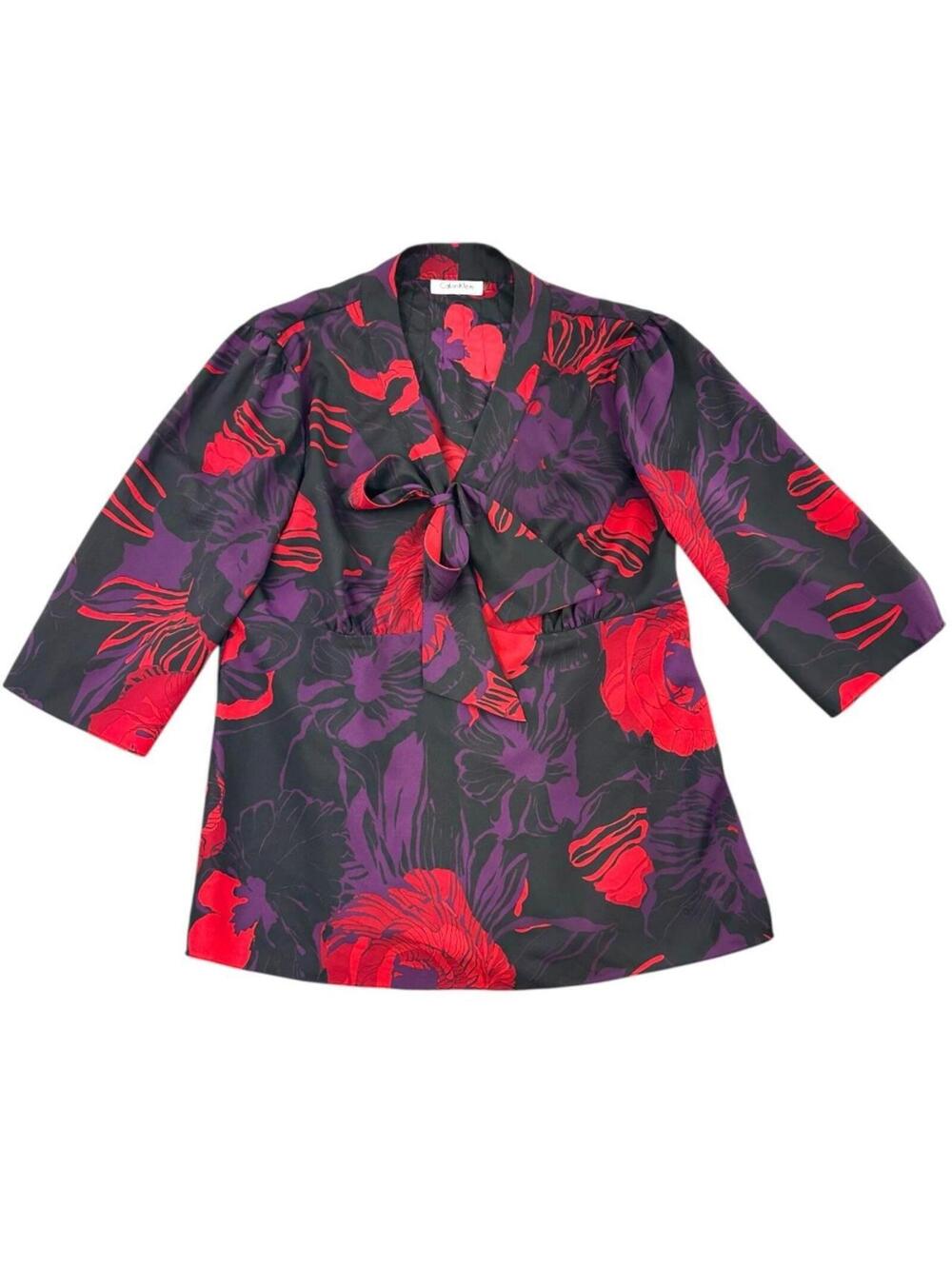 Calvin Klein 3/4 Sleeve Floral Blouse with Bow Collar